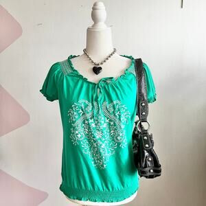 Green Embroidered Peasant Top Boho Cottagecore Festival Hippie Medium